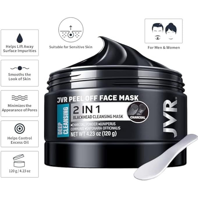 JVR BLACKHEAD REMOVER MASK, BAMBOO CHARCOAL PEEL OFF FACE MASKS FOR MEN, PURIFYING PORES, DEEP CLEANSING, FOR ALL SKIN TYPES 120ML - Image 2